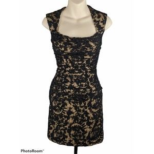 Tadashi Shoji Black Tan Lace Overlay Dress Romantic Square Neckline Sexy S 4
